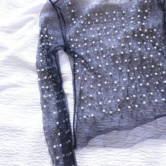Women's Pearl Rhinestone See Through Long Sleeve Mesh Blouse Black - Picture 8 of 8